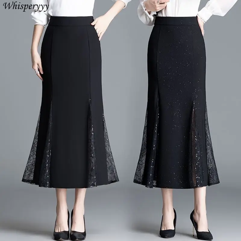 

Кружевные юбки средней длины для женщин, весна-лето, новинка черного цвета Faldas Femme с высокой талией, горячая серебряная тонкая юбка «рыбий хвост»
