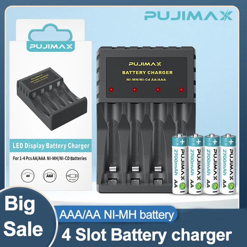 PUJIMAX 4 Slot Battery Rechargeable Charger Smart Indicator With Short Circuit Protection For  AAA/AA Rechargeable NI-MH Battery