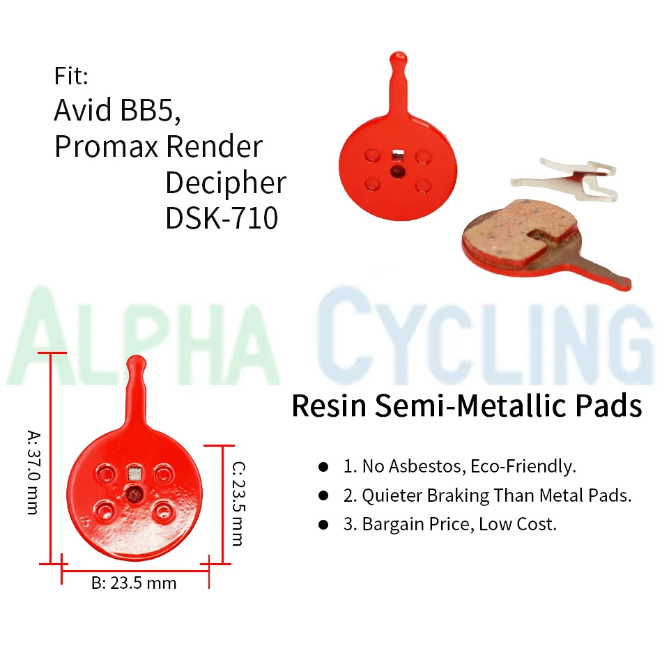 Bike Disc Brake Pads for Avid BB5, Promax Render, Decipher, DSK-710 Caliper, 4 Pairs Red Resin