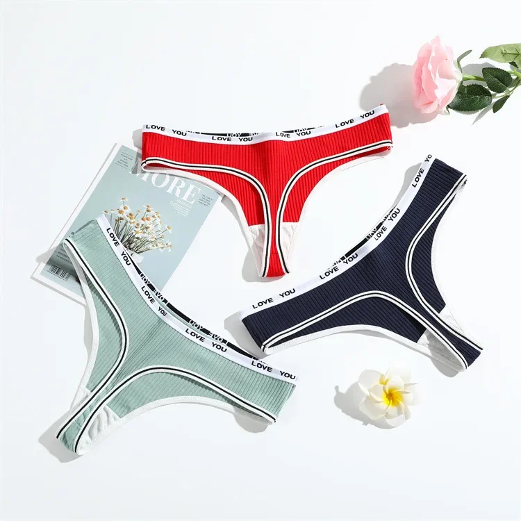 1PC Solid Women Thongs Sexy Panties Low Waist Cotton Briefs Female T-Back G-string Girls S-L Intimate Letters Striped Lingeries