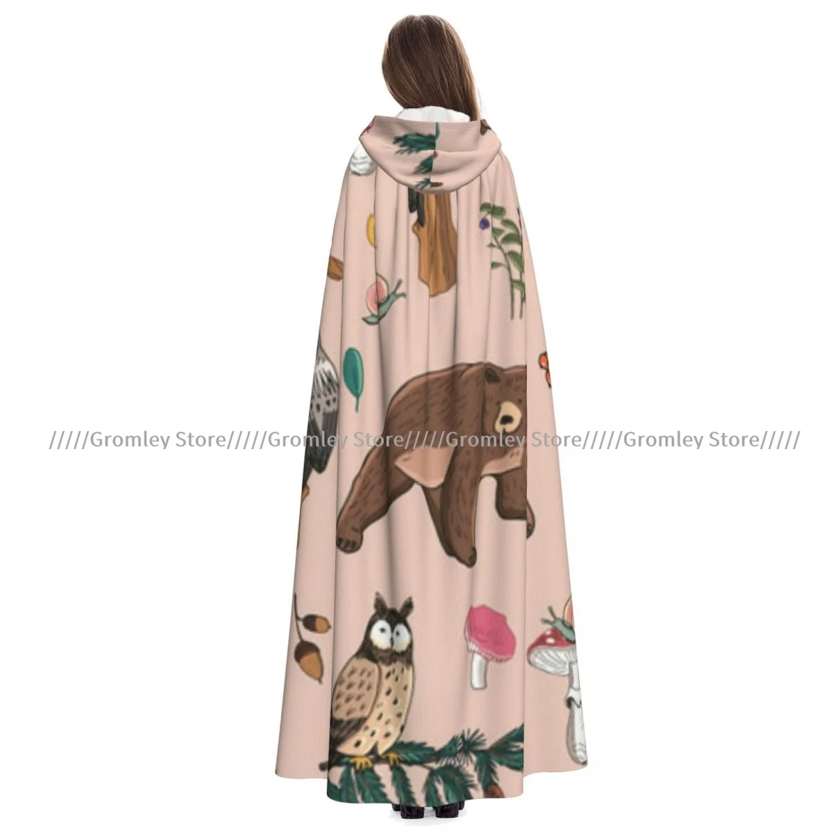 Medieval Halloween Cosplay Cloak Hooded Coat Cute Bear Owl Mushrooms And Berries Cape Coat Long Trench Costume Wizard Cloak