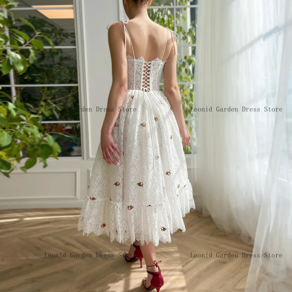 Ivory Lace Spaghetti Strap Prom Dresses Sweetheart Sleeveless Party Gowns A-Line Cherry Evening Dress Tea Length فساتين السهرة