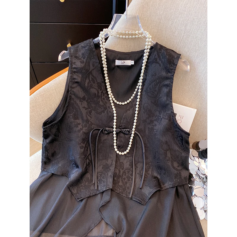 Chinese Style Jacquard Vest Shirt V-neck Buckle Stitched Chiffon Vest Loose Spring Summer Women\'s Clothing Shoulder Jacket Top