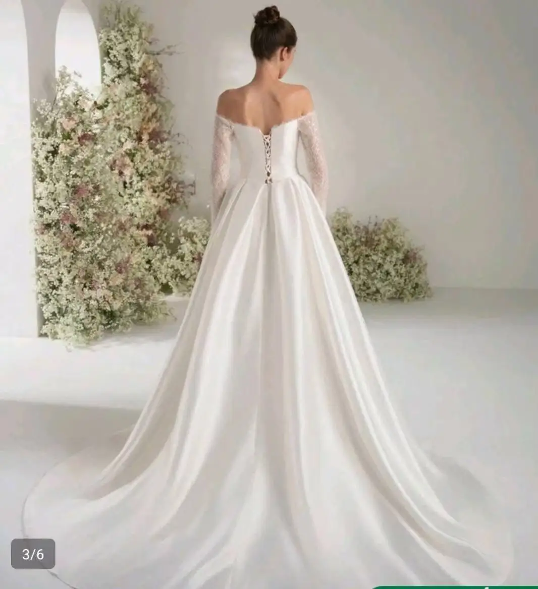 Luxury Satin A-Line Wedding Dress Off Shoulder Long Lace Sleeves Sweetheart Bridal Gown Lace Up Back CustomMade Vestido De Novia