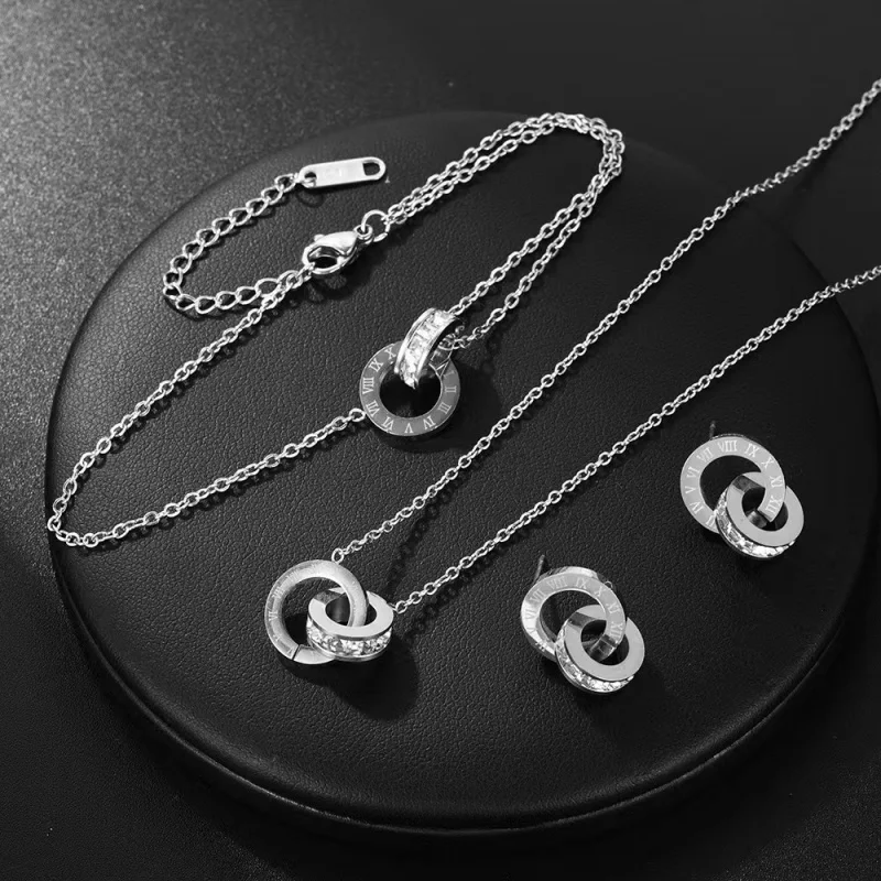 Image of 3 Stück Edelstahl vergoldet Französische römische Ziffer Zirkon Halskette Armband Ohrringe für Damen Mode Rostfrei Schmuck
