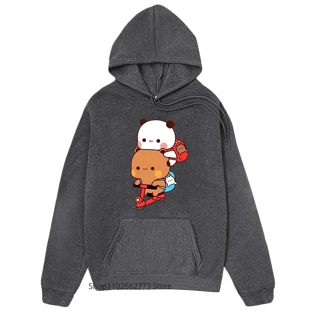 Panda and Brownie Bear Couple Bike Riding Hoodie Bubu and Dudu Print Kawaii Cute Women Long Sleeve Winter Plus Size Swaetshirt