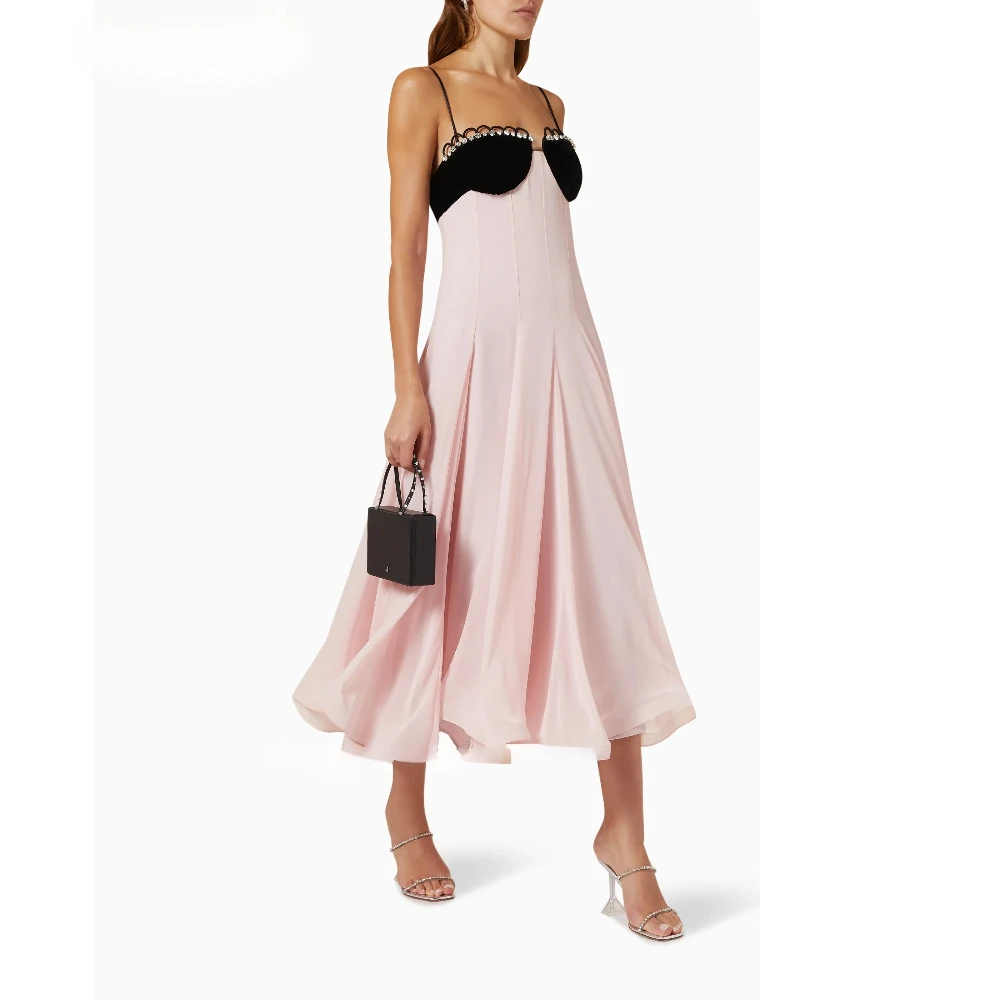 

Black Velvet Pink Chiffon Floral Crystal Evening Dress Spaghetti Strap Sleeveless A Line Prom Dress Birthday Formal Party Dress