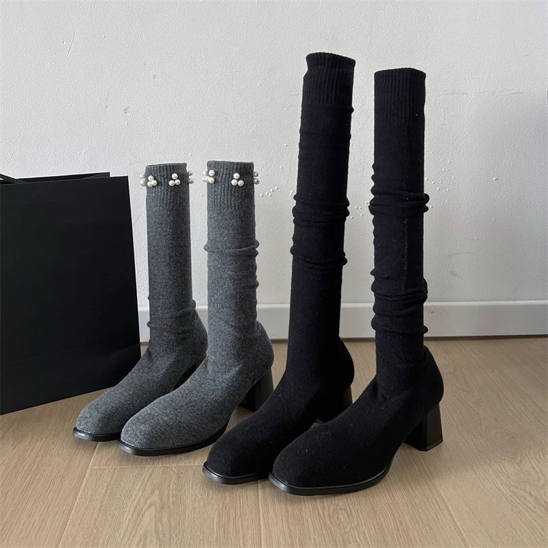 

Высококачественные сапоги до бедра на толстом каблуке в стиле ретро, носки, женские ботинки, новинка 202, повседневные