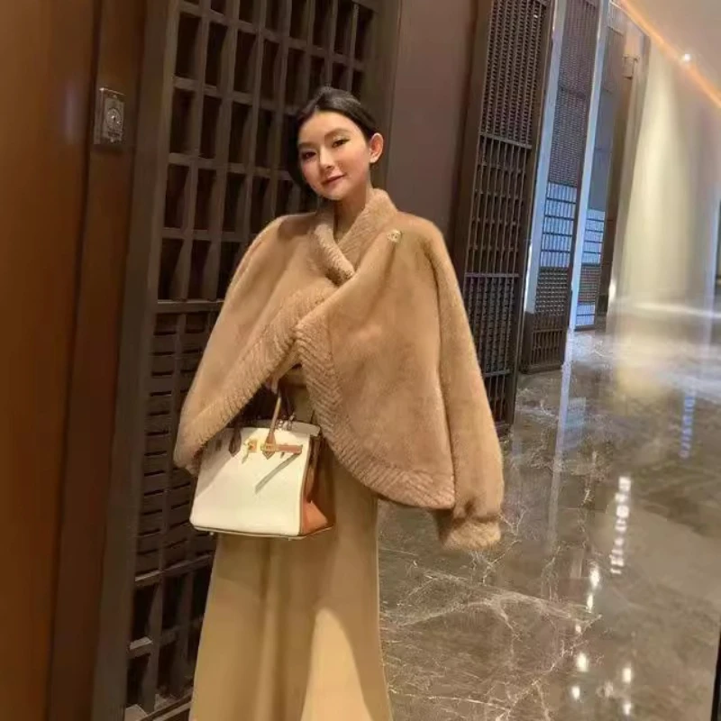 Короткие шубы цвета хаки, свободные шубы с воротником-шарфом на одной пуговице, пушистые теплые толстые роскошные плюшевые пальто из искусственной норки, элегантные Короткие шубы цвета хаки, свободные шубы с воротником-шарфом на одной пуговице, пушистые теплые толстые роскошные плюшевые пальто из искусственной норки, элегантные