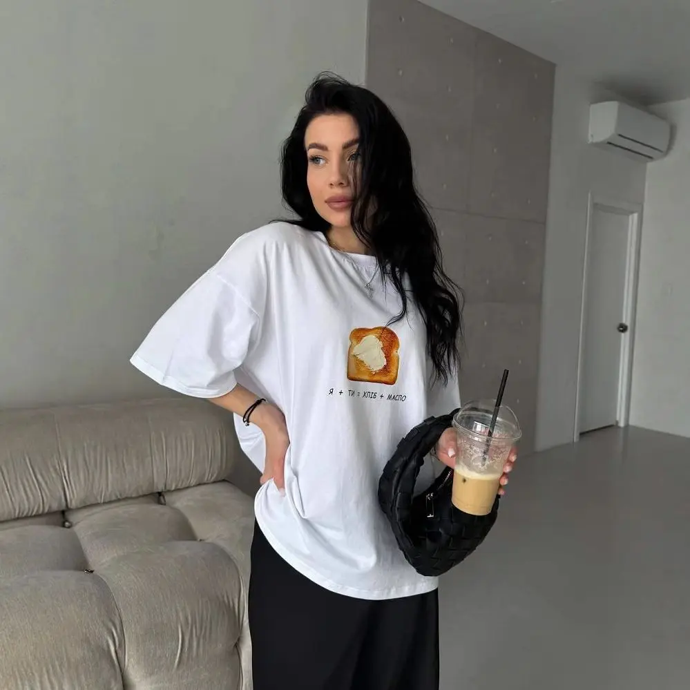 2025 Summer Hot European and American Toast Printed Half-sleeved Top Fashionable Ins Casual Lazy Personality Pure Cotton T-shirt