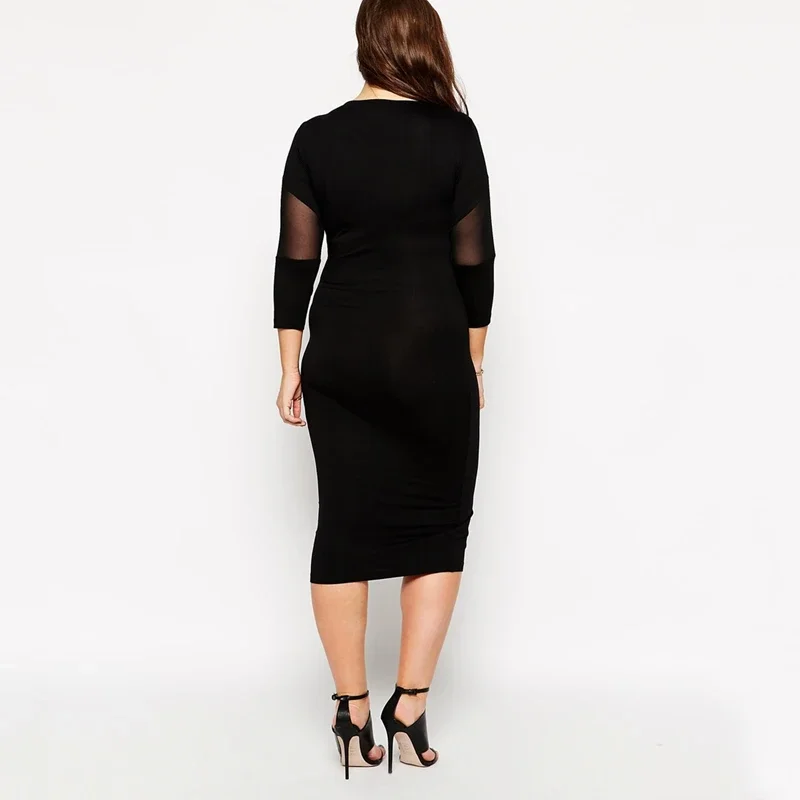 Plus Size Sexy Elegant Sheath Dress Women Mesh Patchwork Summer Spring Black Bodycon Dress Ladies Large Size Midi Dress 6XL 7XL