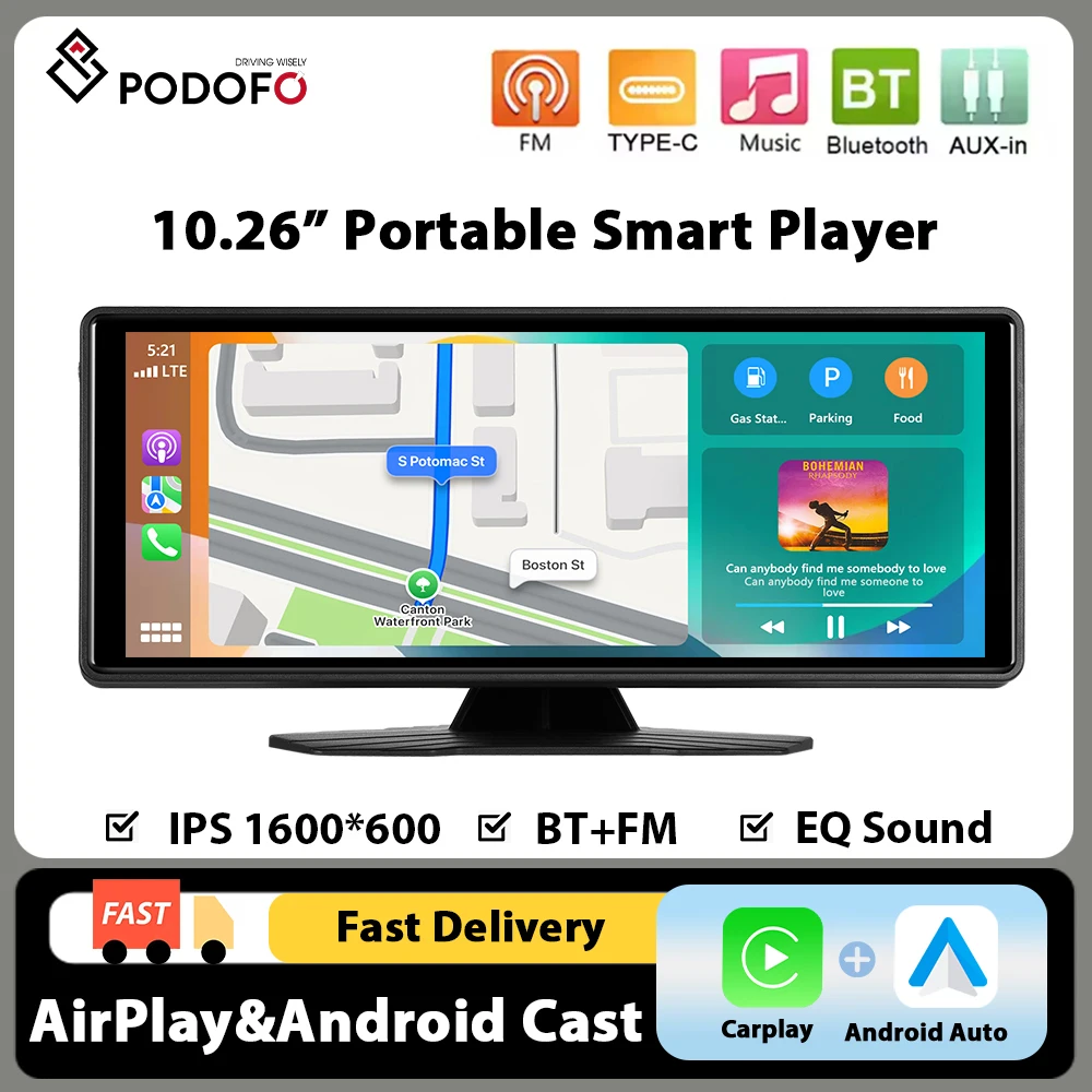Podofo 10,26 Zoll HD Großbildschirm Smart Screen Player unterstützt kabelloses CarPlay, Android Auto, CVBS-Kamera, BT, EQ, tragbarer Smart Player