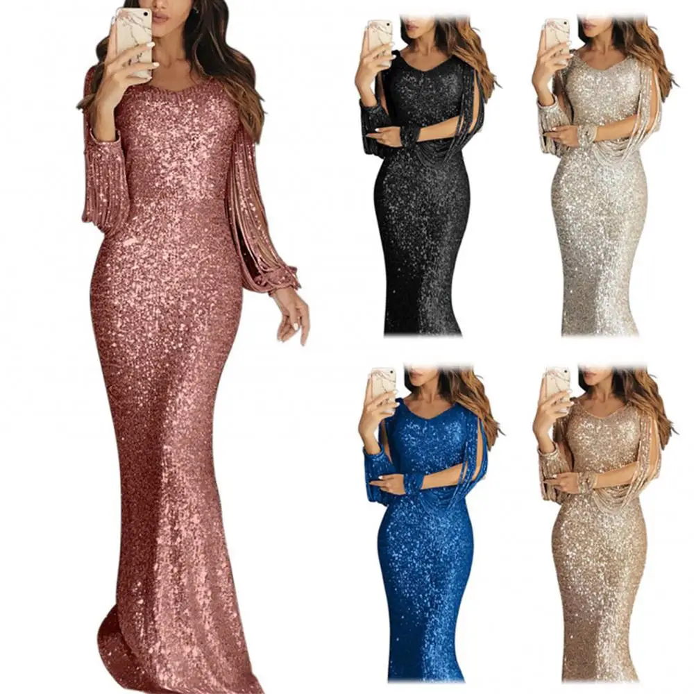 Elegante vestido de lentejuelas con borlas para mujer, manga larga, escote en V, Bodycon, vestidos Maxi de fiesta, vestidos de noche