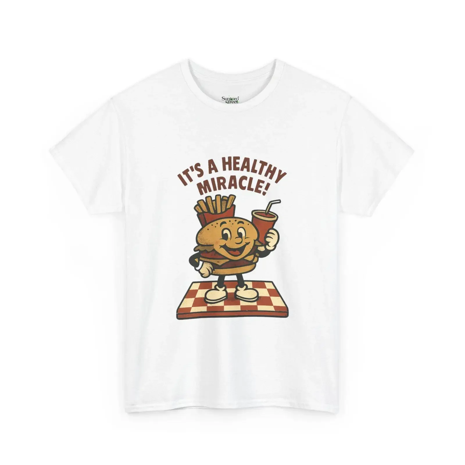 T-shirt Rétro Cartoon Burger 'It's A Healthy Miracle' Vintage Années 50, Humour Amusant sur la Restauration Rapide (Frites, Sodas), Style Délavé