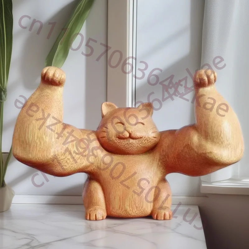 

Wood Carving Hercules Cat ，Muscles Attract Wealth Cat Figurine Cute Home Room Office Fitness Ornaments Featured Gift