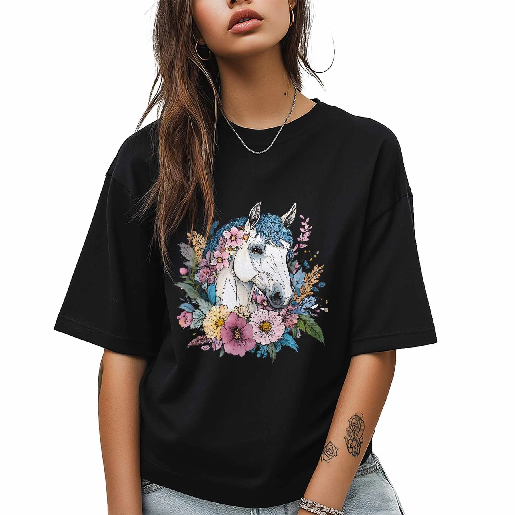 Graphic Womens T-Shirt Horse in Flowers Animal Cotton Top Short Sleeve Fashion Basic Casual Tee