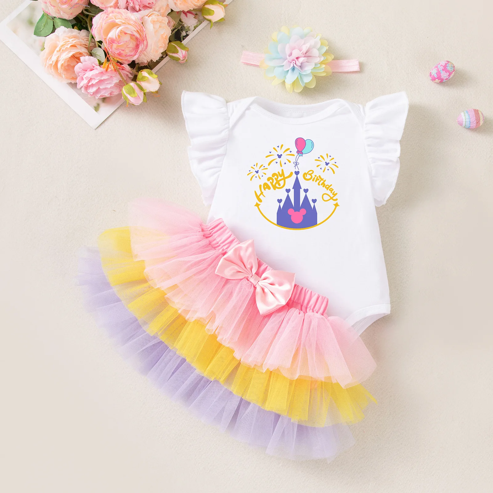 

Princess First Birthday Clothes Fly Sleeves White Jumpsuit Tutu Skirt Headband Legwarmers Baby Girl Birthday Cake Smash Outfit
