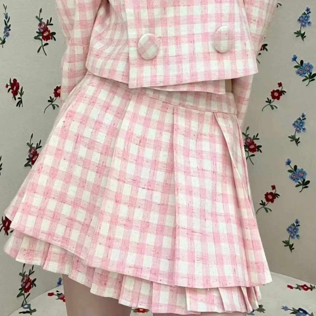

Pink Plaid A-Line Skirt Split Design Concert Girl Sle uu Version Pleated f Skirt Spring Autumn Season Women's Faion