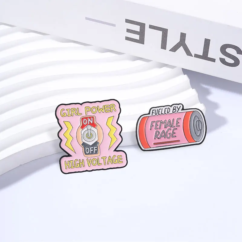Fueled By Female Rage Battery Feminist Power Badge Girl Power High Voltage Switch Enamel Pin Brooch Lapel Bag Badge Jewelry Gift