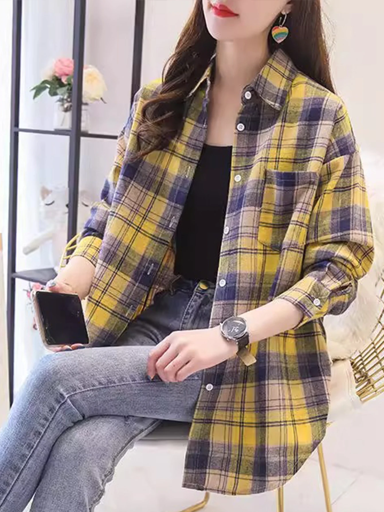 

Модная женская клетчатая рубашка большого размера с длинным рукавом, свободная посадка без железа, осенне-зимняя модная одежда в европейском стиле