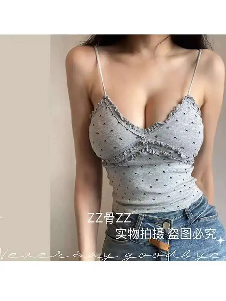 ฤดูร้อนใหม่สไตล์ฝรั่งเศสVคอพิมพ์Splicing Tank Bralette Crop Top Vคอเสื้อเซ็กซี่ร้อนผู้หญิงเกาหลี 2025 ใหม่UQSX