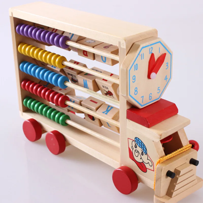 Wooden multi-functional learning car Children's early education wooden toys, educational flap beaded calculation rack