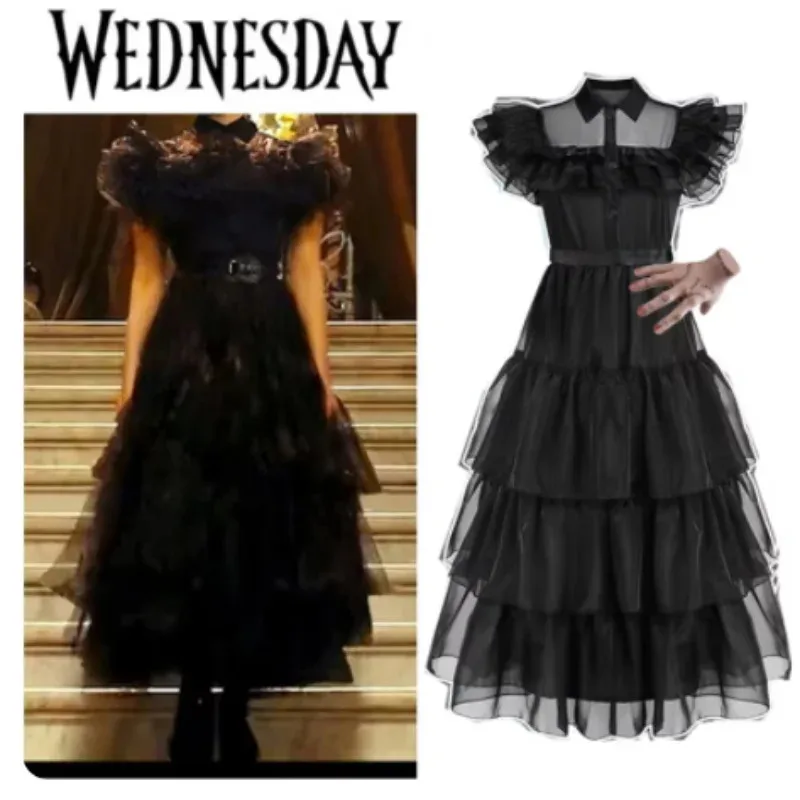 

Anime Wednesday Addams Black Chiffon Dress For Girl Kids Sleeveless Gothic Halloween Costume for Woman