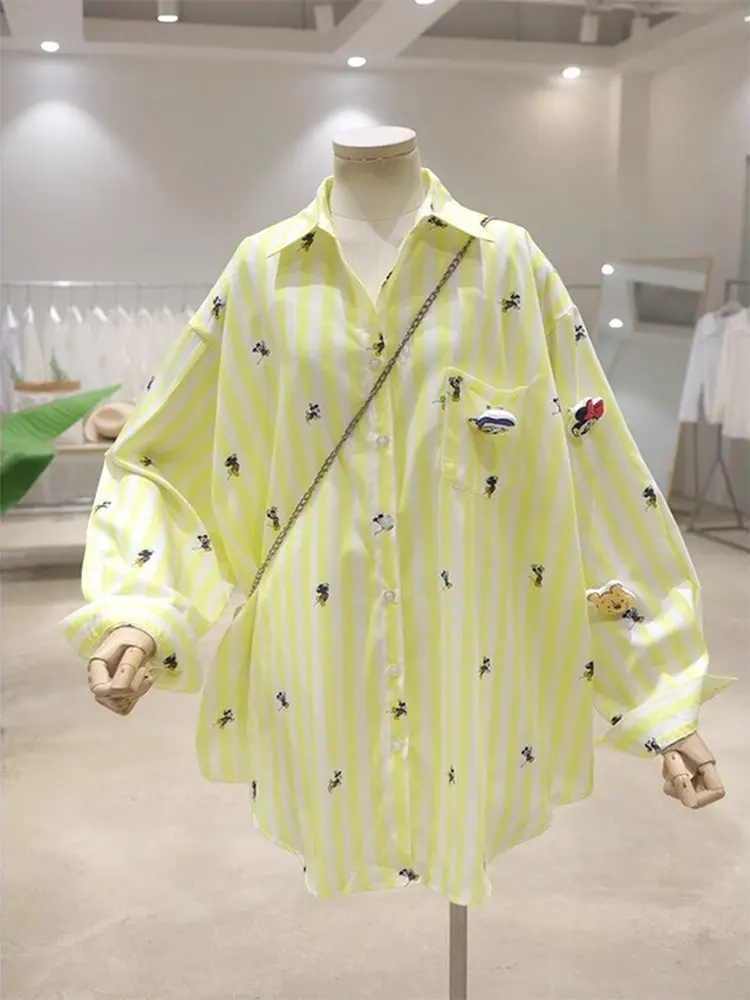 Camiseta holgada larga con bordado de Sve irt para mujer, camiseta holgada francesa con decoración de dibujos animados de otoño y primavera, talla grande, MM