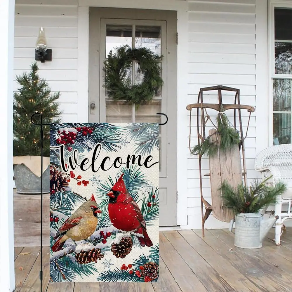 Winter Welcome Cardinal Garden Flag for Outside 12x18 Inch | Weather resistant, double-sided yard flag. Features a winter ca uui
