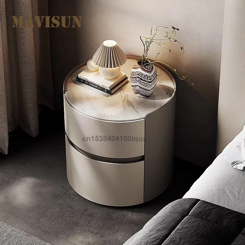 

Italian Minimalist Style Double-Drawer Rock Slab Tabletop Bedroom Table Leather Surface 0.5Meters Solid Wood Round Bedside Table