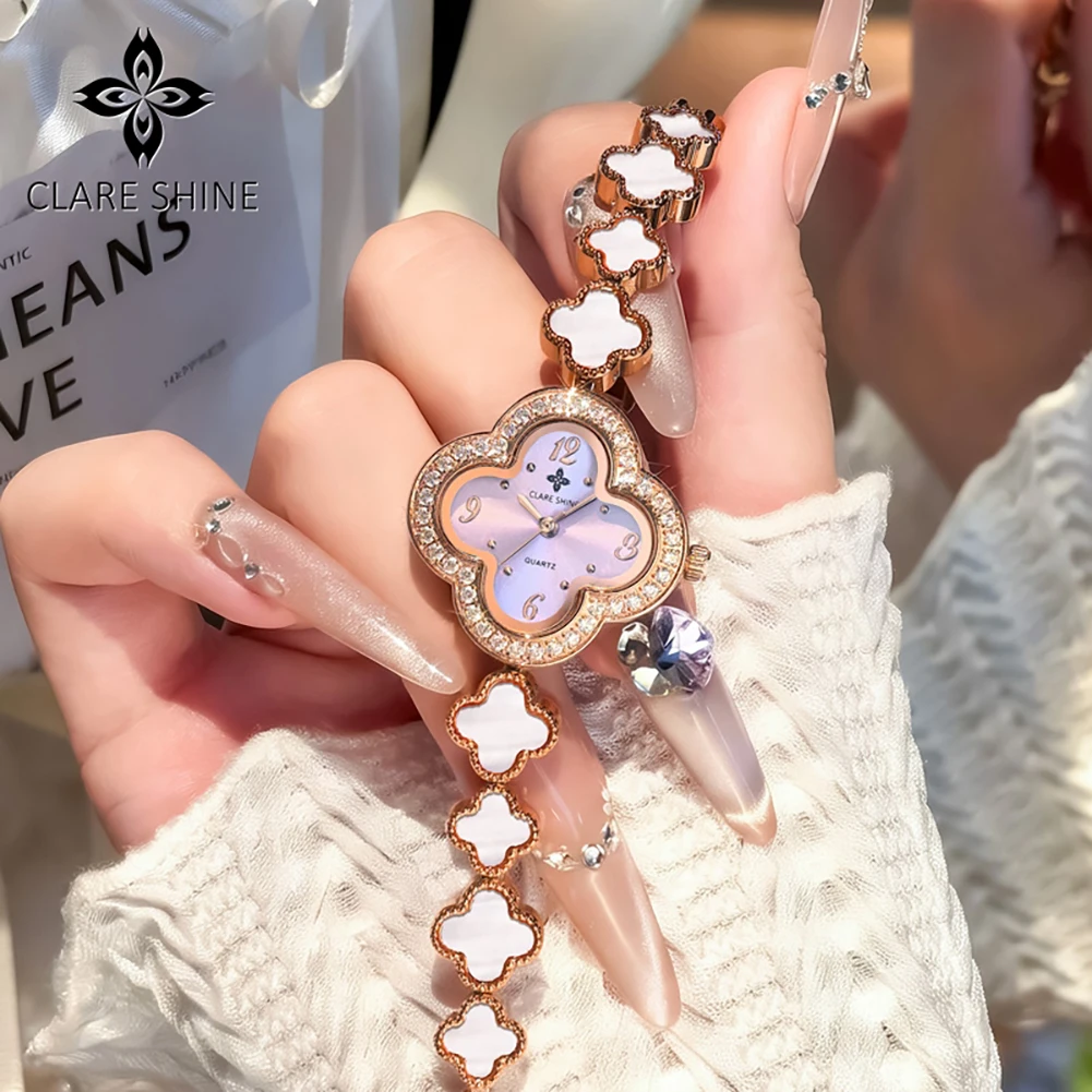 CLARE SHINE 7702 Woman Watch Elegant Imported Quartz Watch Waterproof Date Watches For Woman Bracelet Set Four-Leaf Clover Dial