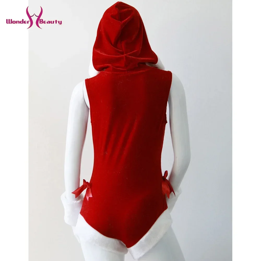 Women Christmas Santa Bodysuit Red Hooded Romper Xmas Costume Velvet Jumpsuit Holiday Party One Piece Sexy Outfit view 5