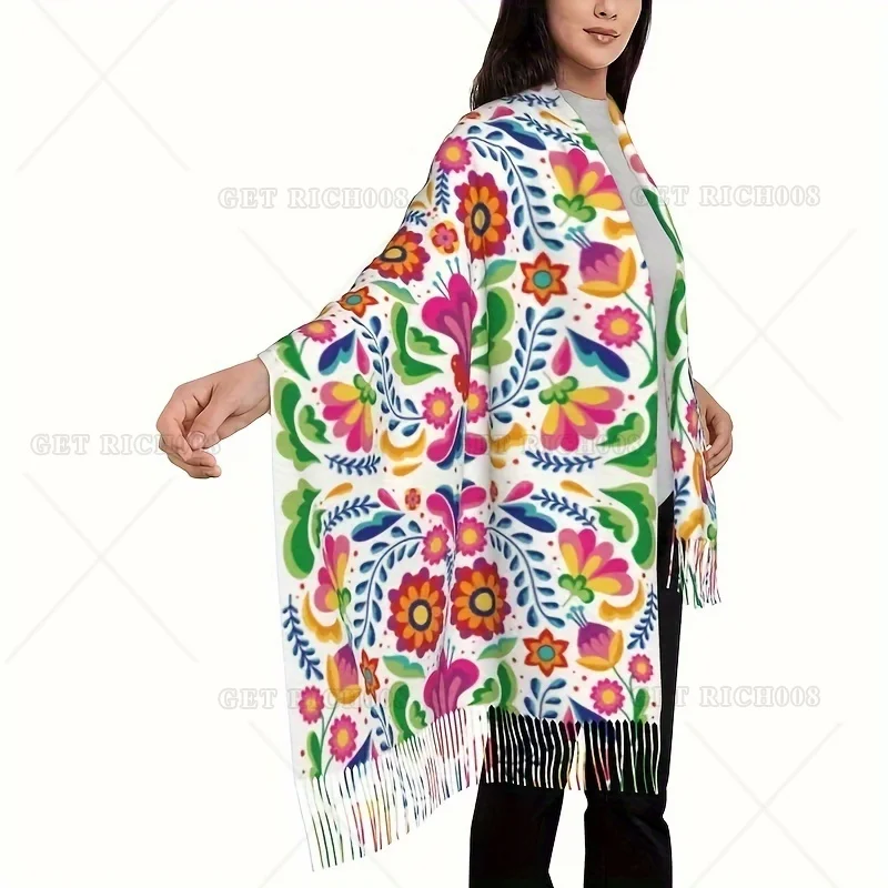 Women's Floral Poncho Shawl, Large Soft Warm Blanket Scarf, Mexican Print, Casual Style, Polyester, Hand Wash or Dry Clean
