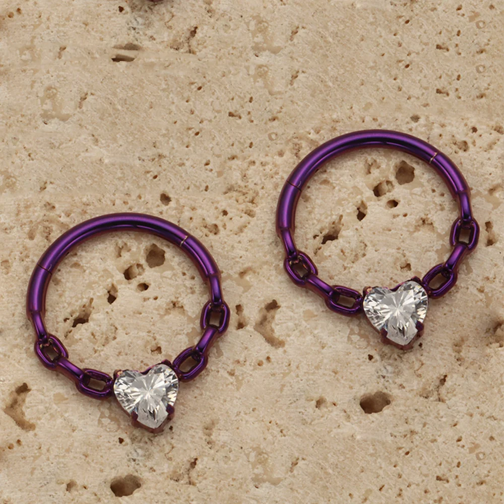 PUTITUP ASTM F136 سبائك التيتانيوم سلسلة على شكل قلب زركونيا الحاجز التوصيل موضة بأكسيد أقراط هيئة ثقب المجوهرات