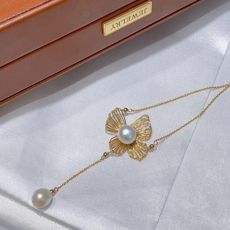 

SGARIT 14K Gold Filled DIY Butterfly Necklace Natural Pearl Pendant Dainty Chain Elegant Jewelry for Women Unique Gift