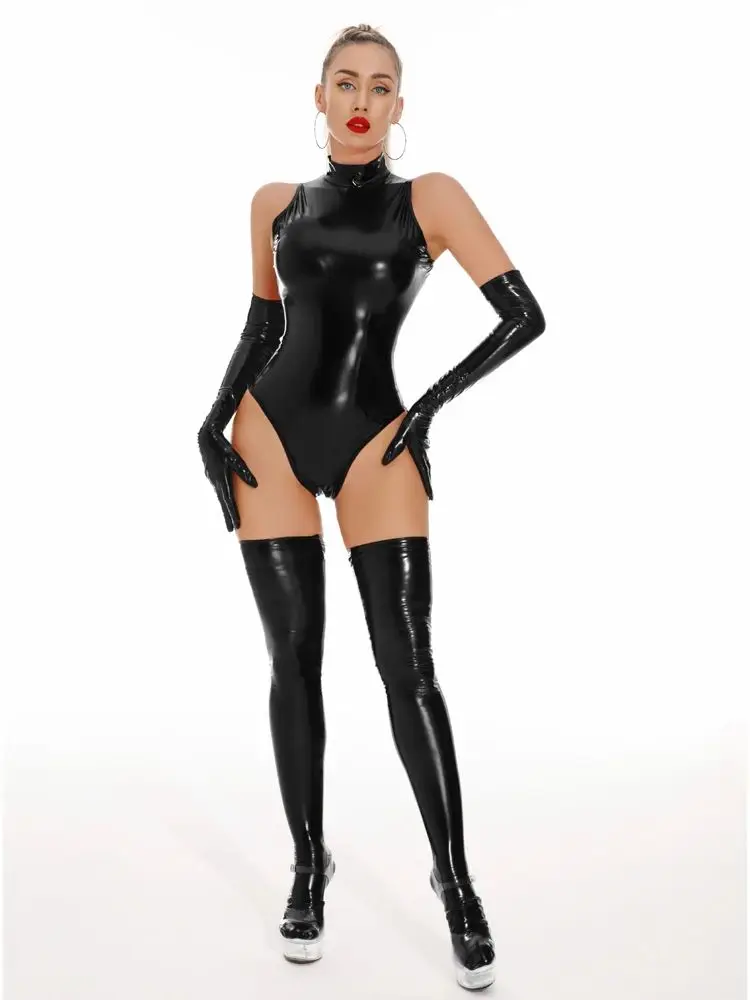 Sleeveless Wet Look PVC Catsuit Shiny PU Leather Bodysuit Tights Sexy Body Teddies Cosplay Clubwear Swimsuit Unitard Swimwear