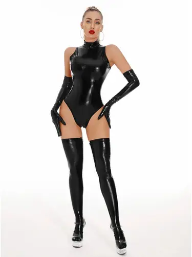 Imagen 2 del producto Catsuit de PVC sin mangas con aspecto húmedo, traje de baño de cuero PU brillante, medias, peluches sexis, ropa para discoteca, traje de baño, traje de baño