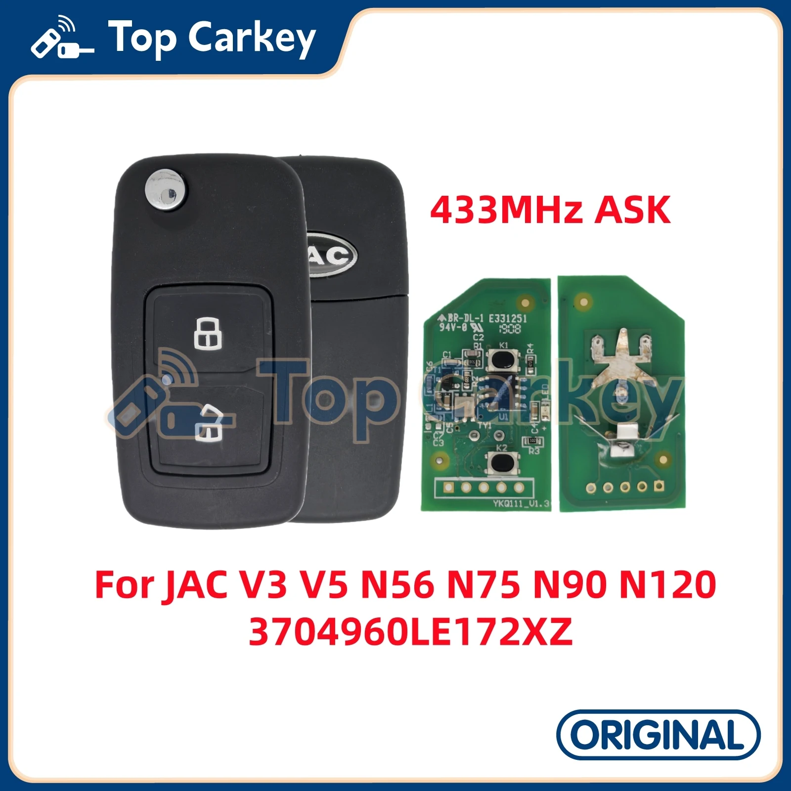 

TopCarkey Original Flip Remote Key 433MHz ASK for JAC V3 V5 N56 N75 N90 N120 Truck Urban HFC1121 Truck Flip Key 3704960LE172XZ