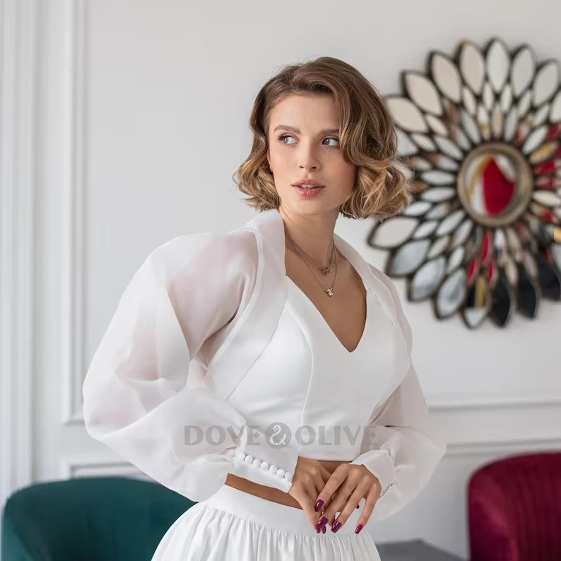 Organza Wedding Bolero Full Sleeves Bride Shrug with Buttons Bridal Cape Formal Party Women Jacket Custom Made