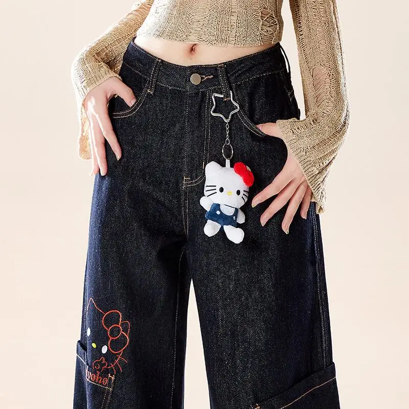 Jeans Hello Kitty Scimitar Work Pants 2026 New Women's Spring Summer Retro Distressed Washed Casual Wide Leg Loose Pants Cartoon view 6