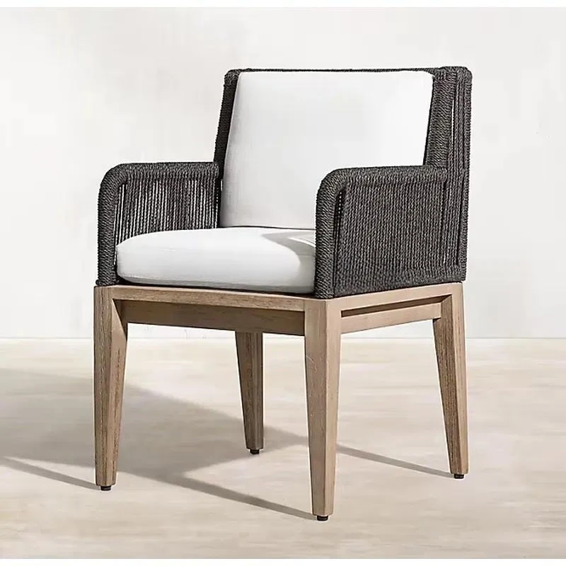 Hand Woven All Weather Rope Mixed Wood Teak Dining Chair Outdoor Furniture