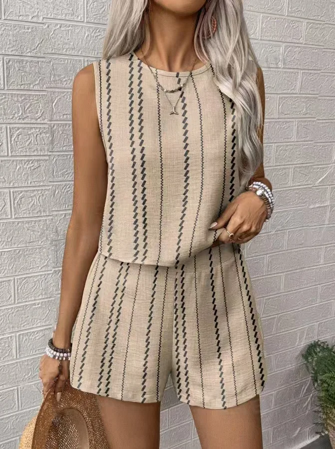 

2025 New European And American Women's Summer Casual Striped Sleeveless Fashion Vest Shorts Two-piece Set