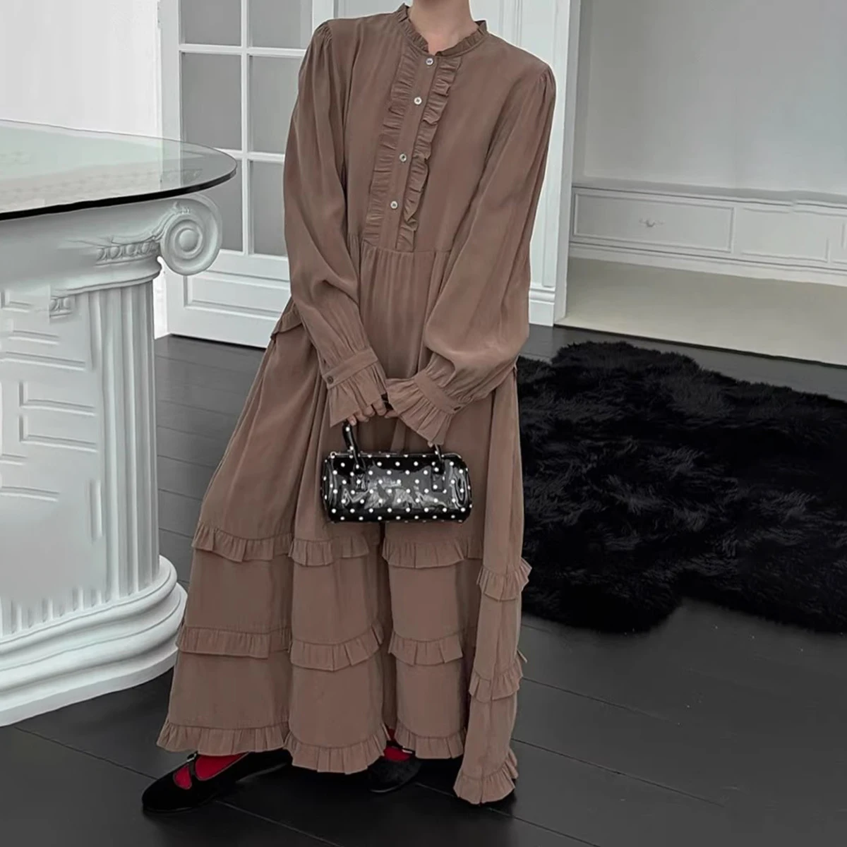 KWTX 2025 Vestido maxi feminino elegante em camadas com gola alta e babados em camadas vintage chique luxo cor sólida outono casual