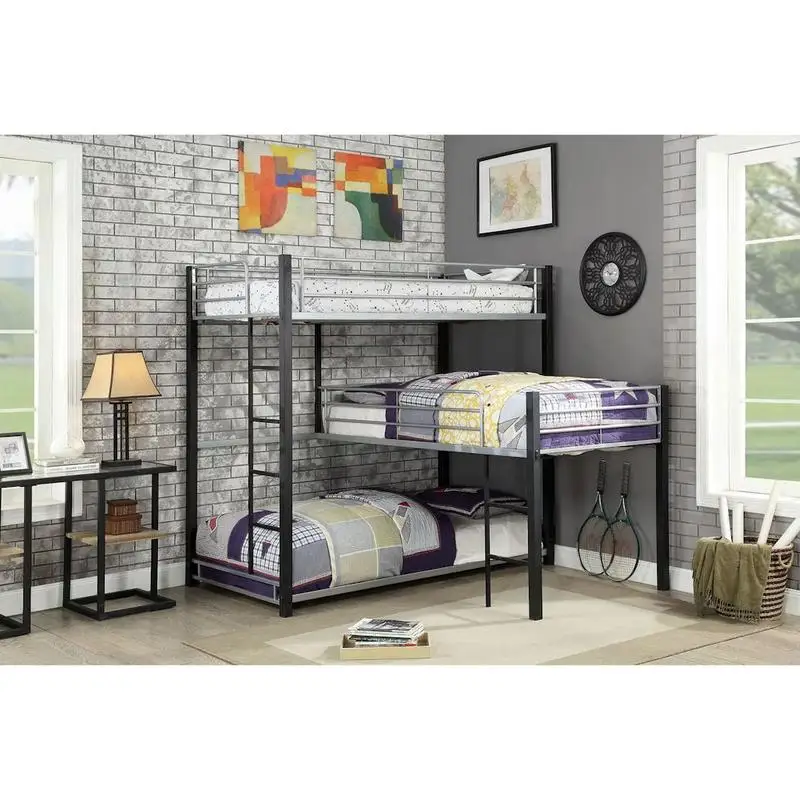 

Contemporary Triple Twin Decker Bed, Full Metal Frame, Dual Ladders & Guard Rails, Sand & Black Finish