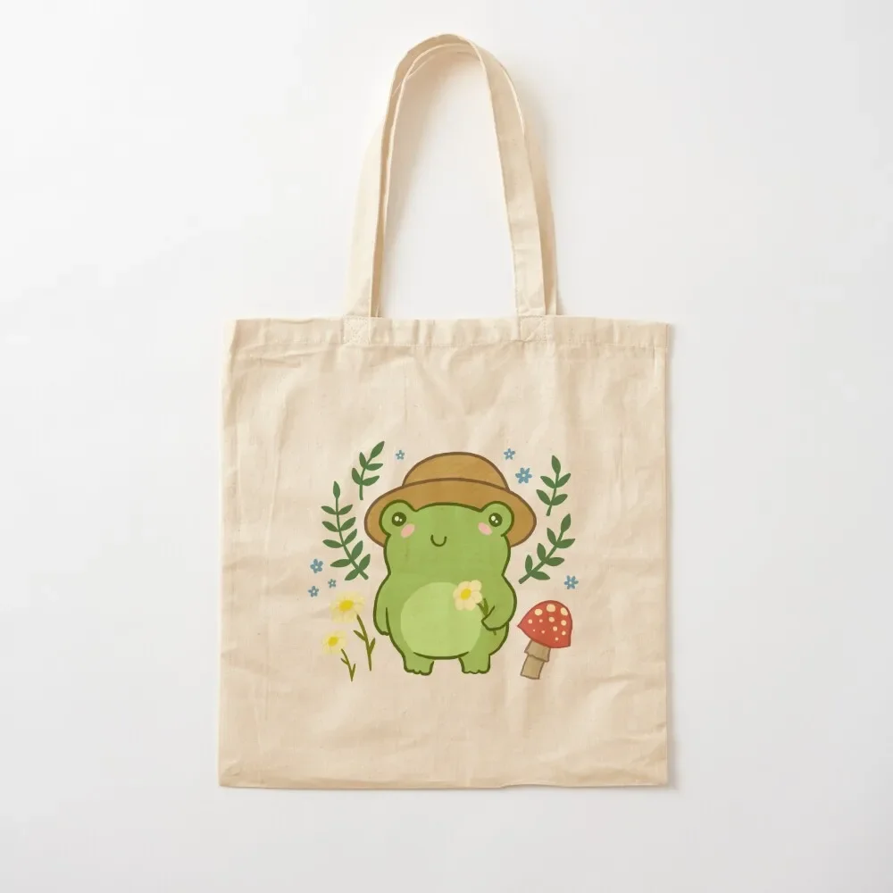 

Kawaii Aesthetic Green Frog with Gardener Hat: Funny Cottagecore Froggy, Nature Illustration with Mushroom Flower Bloss Tote Bag