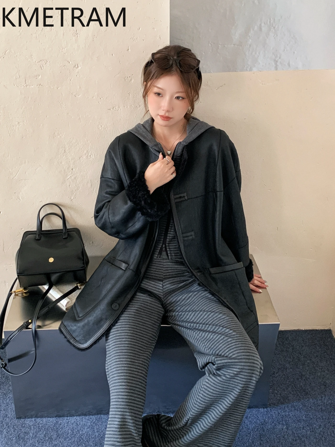 KMETRAM 100% Merinowol Schapenvacht Bontjas Dubbelzijdig Echt Bont Zwarte Jas Herfst-Winter Eenvoudige Kleding 2025 vestes femmes