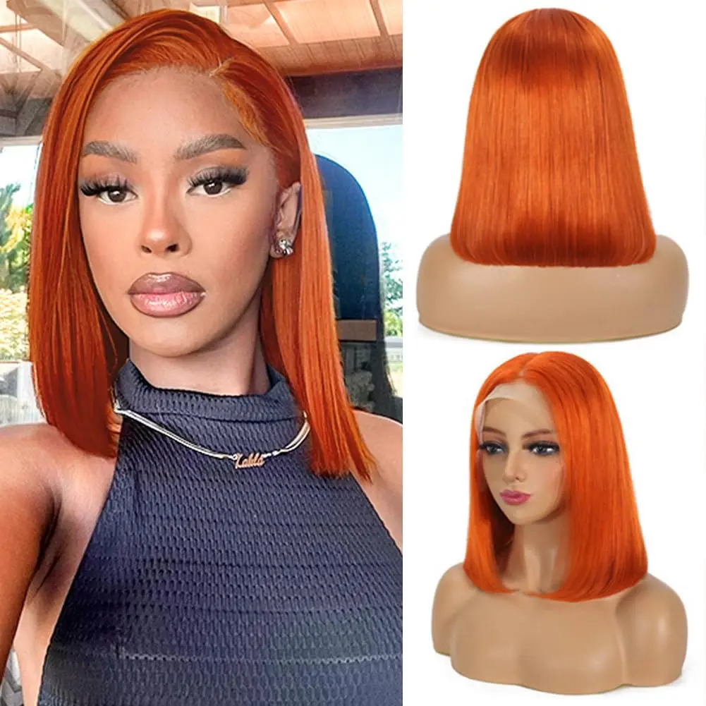 

350 Ginger Orange Short Bob Wigs 13x4 Lace Frontal Transparent Lace Real Brazilian Human Hair Wigs For Women 200% density