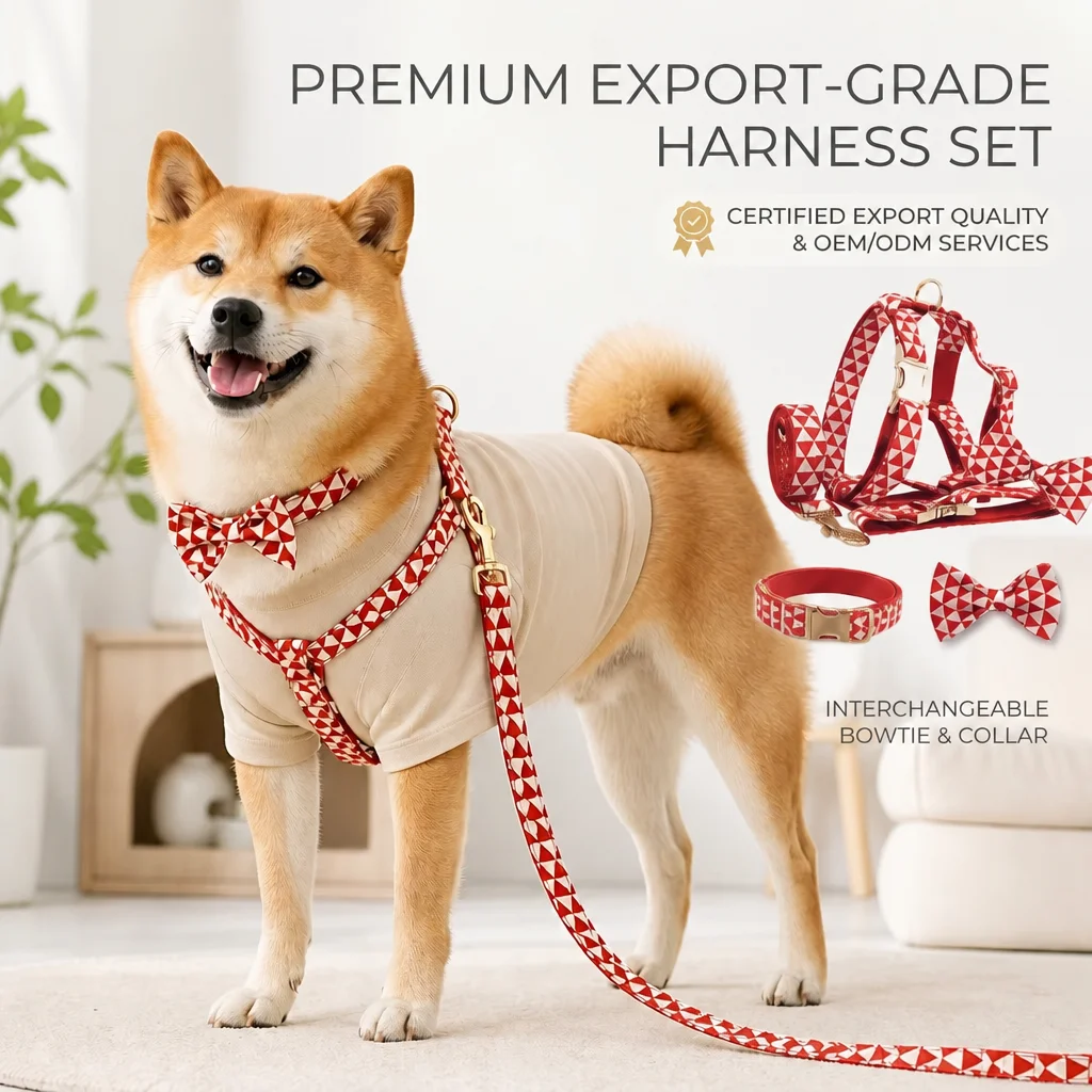 Personalized Dog Harness Set with Red Triangle Pattern Durable Eco-Friendly Polyester Fashion Festive Daily Pet Walking