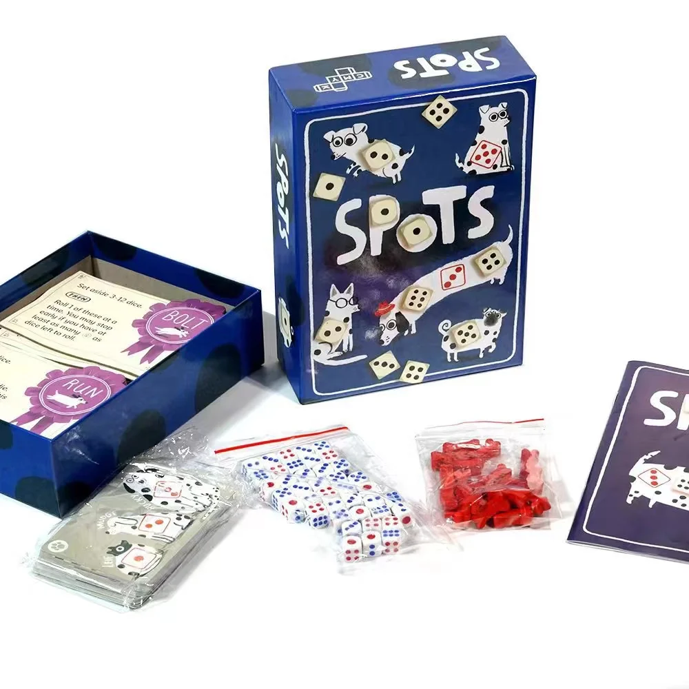 SPOTS game about rolling dice to boost your luck And the dog card game Board games