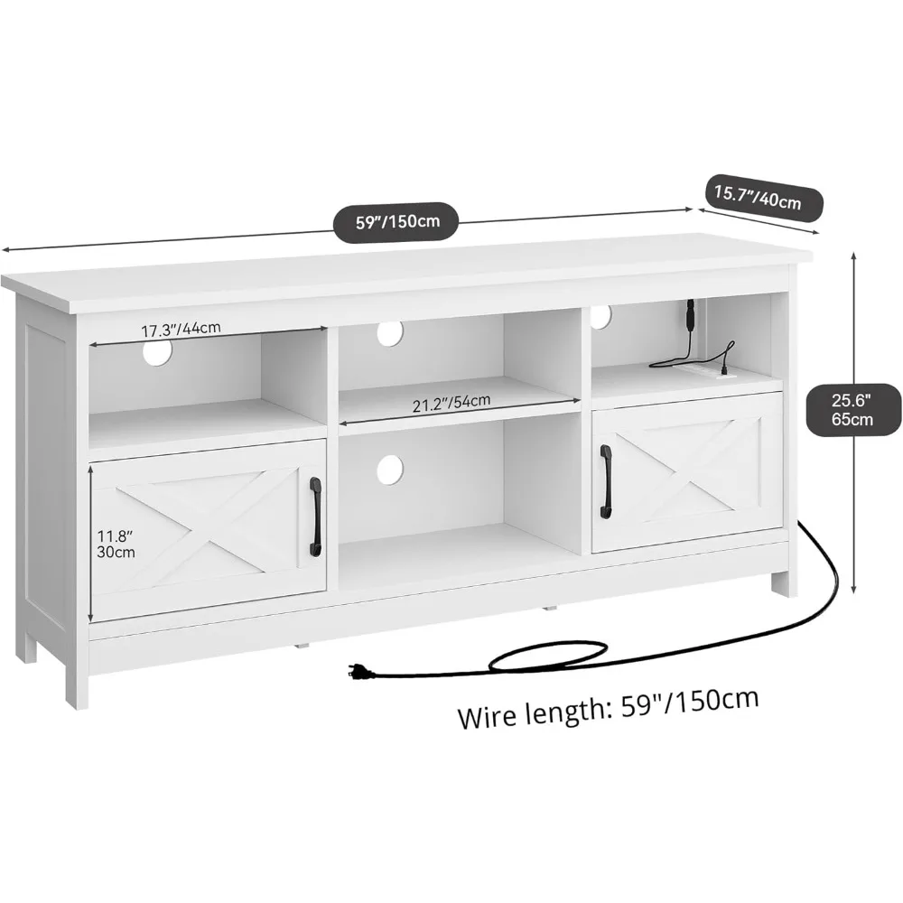 Farmhouse TV Stand with Power Outlet, Entertainment Center, LED Light Media Console, Simple TV Cabinet for Living Room 59 Inch